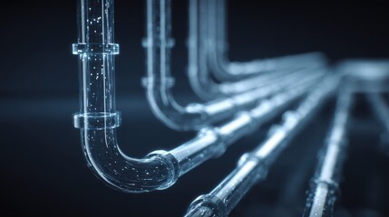 Transparent Pipelines with Water Flowing in a Technical Blueprint
