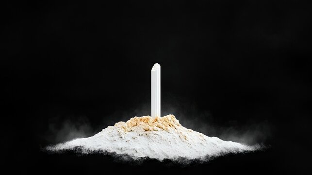 A white rocket is positioned vertically on a pile of white and brown powder, with smoke billowing out from the base against a black background.