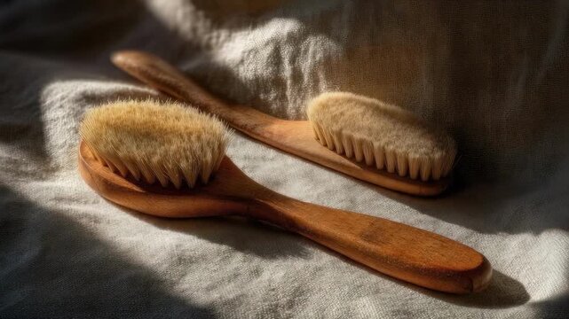Two wooden-handled brushes with round natural-bristle heads.