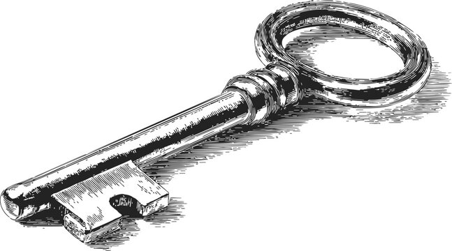 Skeleton key sketch, hand drawn vintage style with detailed engraving. Vector illustration