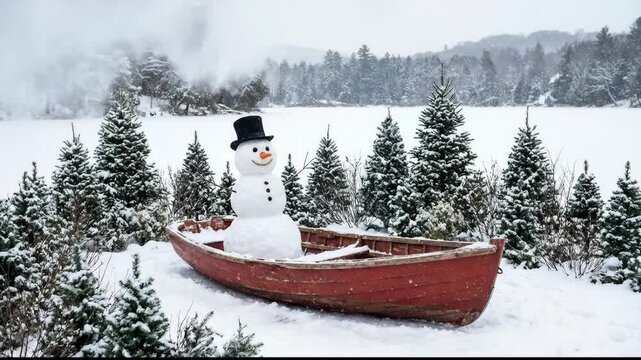 Snowman wearing a black top hat, carrot nose, and buttons sits inside an old red boat surrounded by snow-covered pine trees, with a frozen lake and distant forest forming a winter landscape