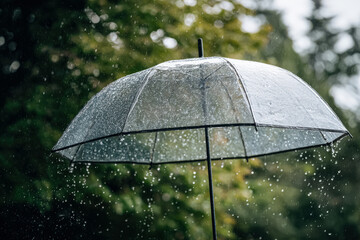 Clear umbrella protects against pouring rain, surrounded by lush greenery, creating a serene and refreshing atmosphere