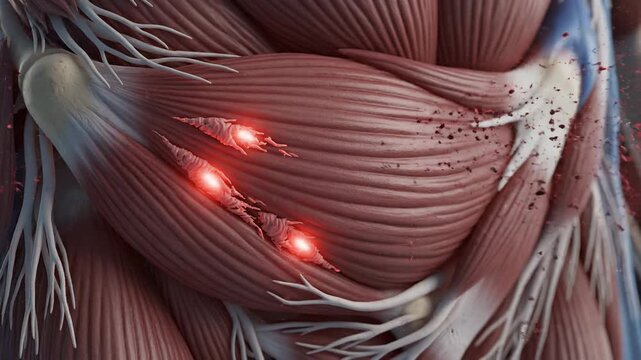 Detailed 3D Animation of Human Abdominal Muscles with Highlighted Pain Points.