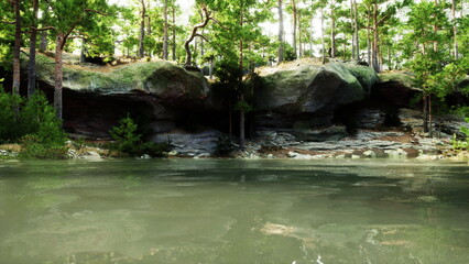 A body of water nestled amidst a forest of trees and rugged rocks in a serene natural setting.