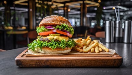 Juicy American cheeseburger with fresh lettuce, tomato, pickles, and crispy fries, creating a classic hearty fast-food style meal.