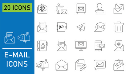 Set of E-mail line icon set. Contains such as email, inbox, send, envelope, receive, message and more. Reply and forward Email web icon set in line style. Vector illustration.
