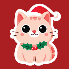 Cute christmas cat sticker wearing santa hat and holly, playful vector illustration for holiday messaging and digital projects