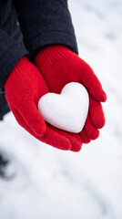 A hands holding a snow heart with bright red gloves outdoors