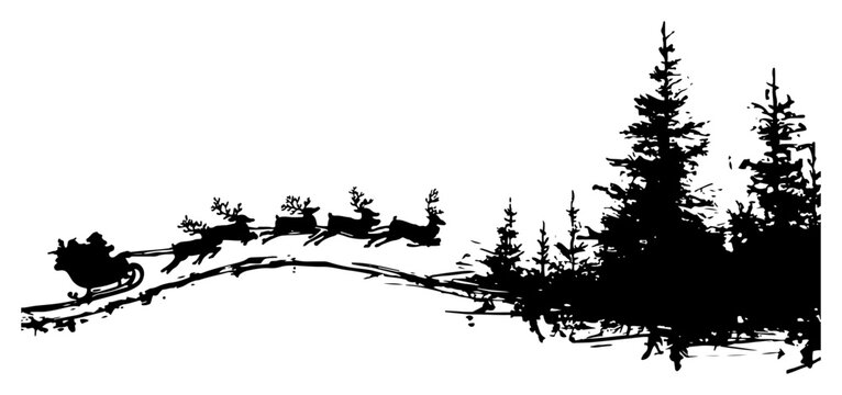 Flying Santa Claus sleigh with reindeer approaching pine trees vector illustration sketch style winter background