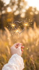 Hand holding a heart-shaped sparkler emitting active ignition sparks during golden-hour light.