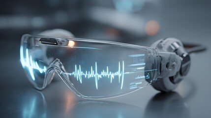 futuristic medical headset displaying neural activity glowing UI elements clear lab tone