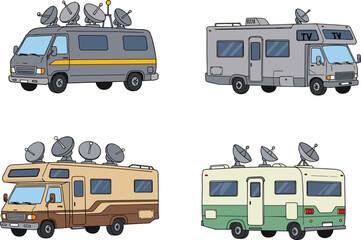 Satellite van cartoon vector set, mobile broadcasting vehicles, communication trucks with dishes, flat illustration, side view, media and tech concept