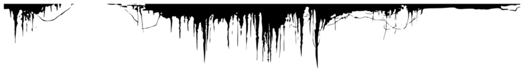 Hand drawn vector horizontal border featuring abstract hanging icicles or grunge drips in black silhouette grunge doodle style
