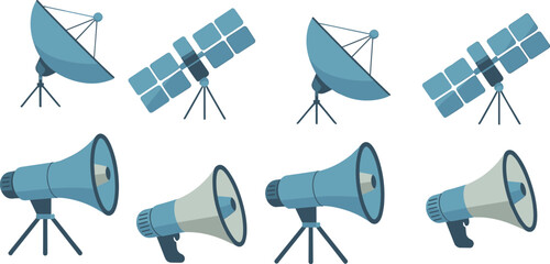 Communication device cartoon vector set, satellite dishes, antenna arrays, megaphones, signal icons, flat illustration, side view, tech concept