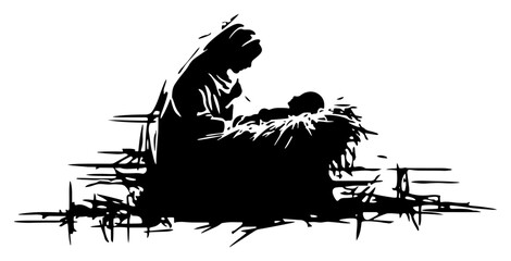 Hand drawn vector illustration of virgin mary and baby jesus in a manger for christmas nativity scene in black silhouette grunge doodle style
