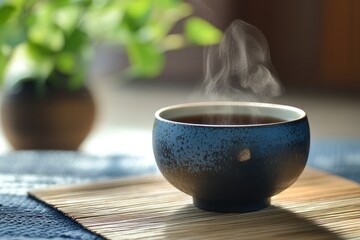 A steaming cup of tea sits on a bamboo mat, its steam rising in the air as it cools. The setting is a serene garden, with lush greenery and a tranquil pond, evoking a sense of peace and tranquility.