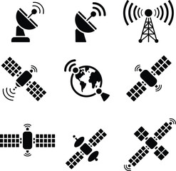 Satellite communication cartoon vector set, signal and connectivity icons, radio waves, orbiting satellites, flat illustration, side view, tech concept