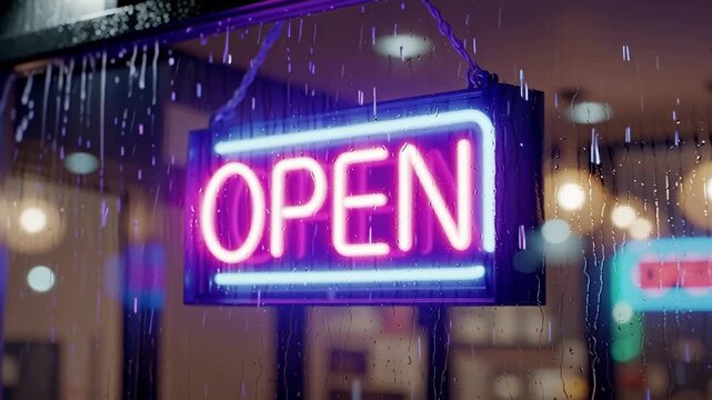 Glowing neon "OPEN" sign hanging behind a rainy shop window, purple blue pink glow diffusing through wet glass, raindrops sliding down, reflections softly shimmering, night ambience