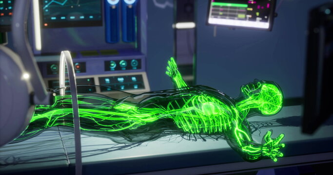 A virtual human model with glowing blood vessels is displayed in a laboratory setting. This educational demonstration highlights the intricate network of veins and arteries for study.