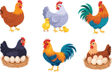 Chicken and rooster cartoon vector set, farm poultry icons, hens with eggs, chicks, colorful feathers, flat illustration, side view