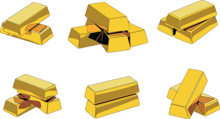 Gold bar cartoon vector set, wealth and finance icons, stacked bullion arrangements, shiny metal assets, flat illustration, side view