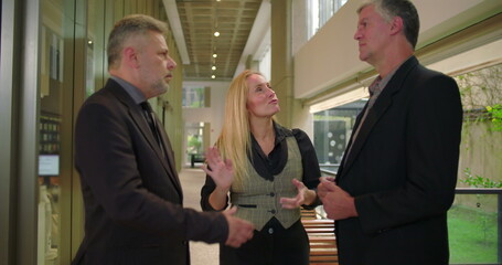 Confident female colleague presenting team members with handshake in office hallway, business professionals meeting during formal workplace introduction