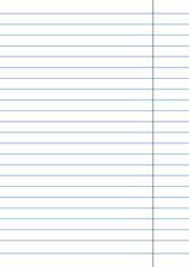 Lined notebook paper background, blue horizontal stripes, red margin, blank white page, school stationery
