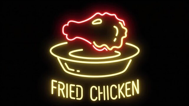 Neon fried chicken drumstick icon on a small plate in warm yellow and red glow, FRIED CHICKEN text below, gentle blinking light and soft bloom shining over a clean solid black background.