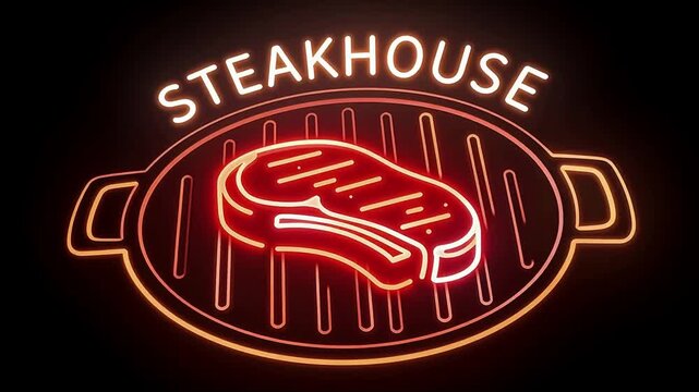 Neon steak icon on a round grill plate with simple grill lines, glowing red and warm orange light, STEAKHOUSE text above, gentle flicker and soft pulse on a pure black background.
