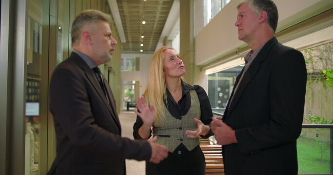Confident female colleague presenting team members with handshake in office hallway, business professionals meeting during formal workplace introduction