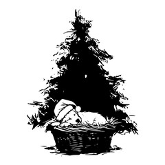 Hand drawn vector illustration of a cute puppy sleeping in a basket under a christmas tree in black silhouette grunge doodle style