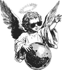 Obraz premium Angel wearing sunglasses holding disco ball, sketch hand drawn style, playful modern twist. Vector illustration