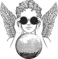 Angel with sunglasses sketch, holding disco ball, hand drawn line art. Vector illustration