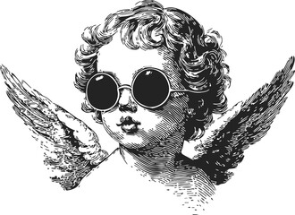 Cherub angel wearing sunglasses, sketch hand drawn style, detailed wings and curly hair. Vector illustration