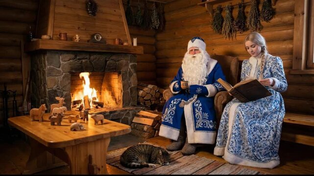 Ded moroz enjoying a warm drink while snegurochka reads a book, both sitting in a cozy traditional log cabin by a crackling fireplace with a cat sleeping on the rug
