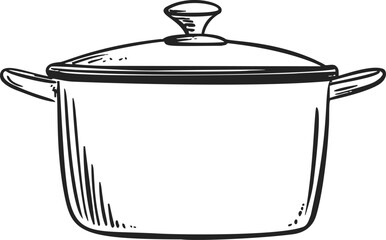 Cooking pot sketch hand drawn with lid and handles. Vector illustration