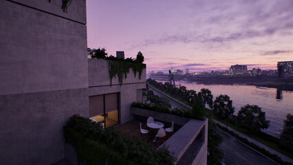 Obraz premium A balcony with a table and chairs positioned to overlook a body of water.