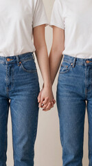 Two people gently holding hands united in a moment of tenderness and connection on neutral background.