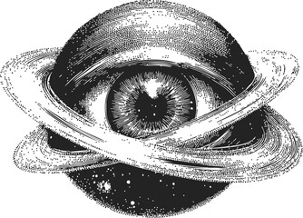 Eye planet sketch, hand drawn surreal eye with planetary rings and star details. Vector illustration