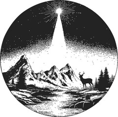 Deer in mountain landscape, sketch hand drawn style, night sky with radiant star. Vector illustration