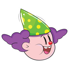 Circus clown cartoon, party hat, smiling face, purple hair, birthday, fun vector, celebration, cute child art.