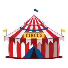 Circus tent with CIRCUS sign, striped red white, carnival festival pavilion, entrance, banners and flags.