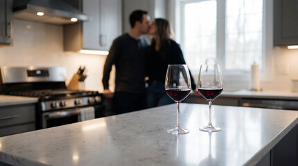 Blurred couple sharing a quiet kiss in a modern kitchen with two glasses of red wine in the foreground.