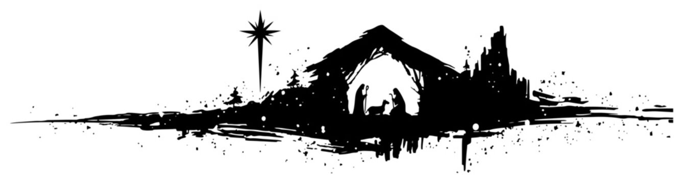 Hand drawn vector banner depicting the christmas nativity scene with the holy family and star in black silhouette grunge doodle style