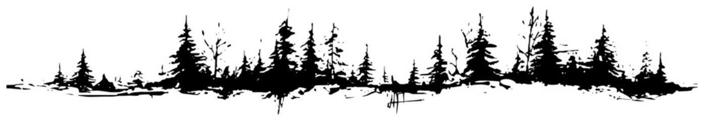 Wide horizontal forest horizon line silhouette with pine trees grunge black ink vector illustration