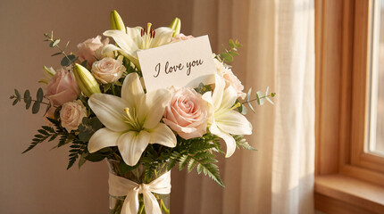 Romantic bouquet of roses and lilies with love note by a sunlit window.