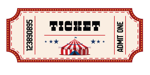 Retro circus ticket illustration, red dotted border, blue stars, tent icon, show pass, admit one, carnival access voucher.