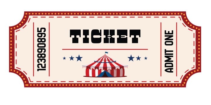 Retro circus ticket illustration, red dotted border, blue stars, tent icon, show pass, admit one, carnival access voucher.
