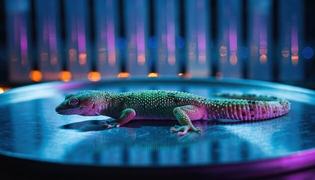 A vibrant leopard gecko rests on a reflective surface, illuminated by the cool, contrasting hues of neon blue and purple lighting, creating an otherworldly glow.
