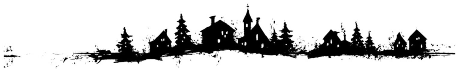 Panoramic winter village landscape silhouette with houses and church spires grunge black ink vector illustration
